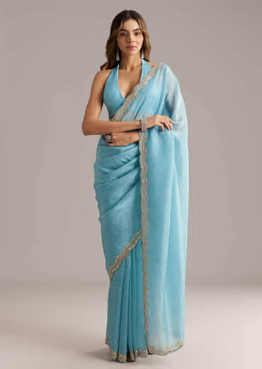Sky Blue Tissue Saree With Scallop Border Embroidery