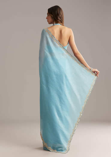Sky Blue Tissue Saree With Scallop Border Embroidery