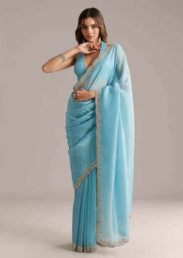 Sky Blue Tissue Saree With Scallop Border Embroidery