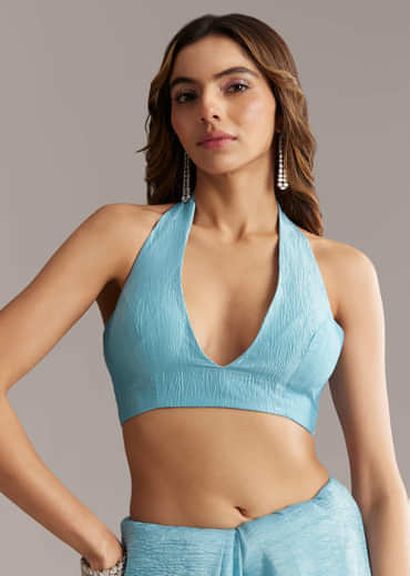 Sky Blue Tissue Saree With Scallop Border Embroidery