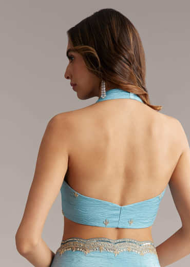 Sky Blue Tissue Saree With Scallop Border Embroidery