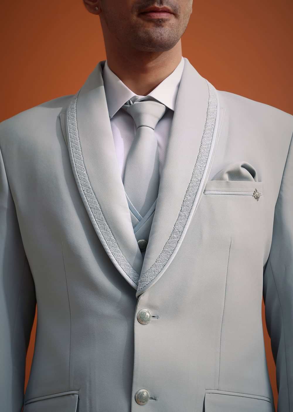 Sky Blue Cutdana Work Polyester Tuxedo And Pant Set