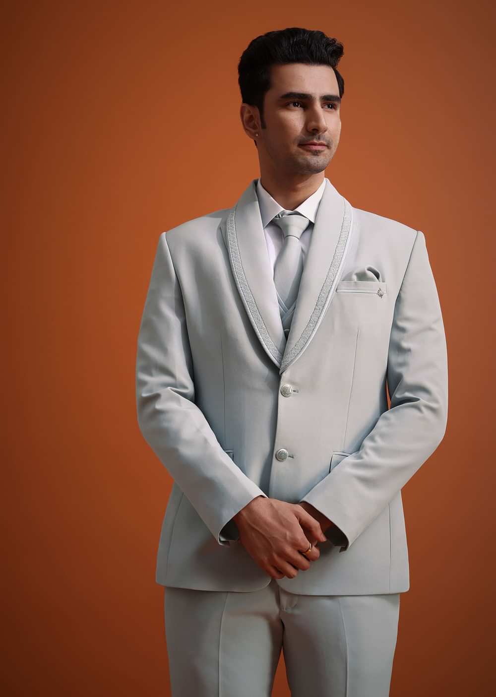 Sky Blue Cutdana Work Polyester Tuxedo And Pant Set