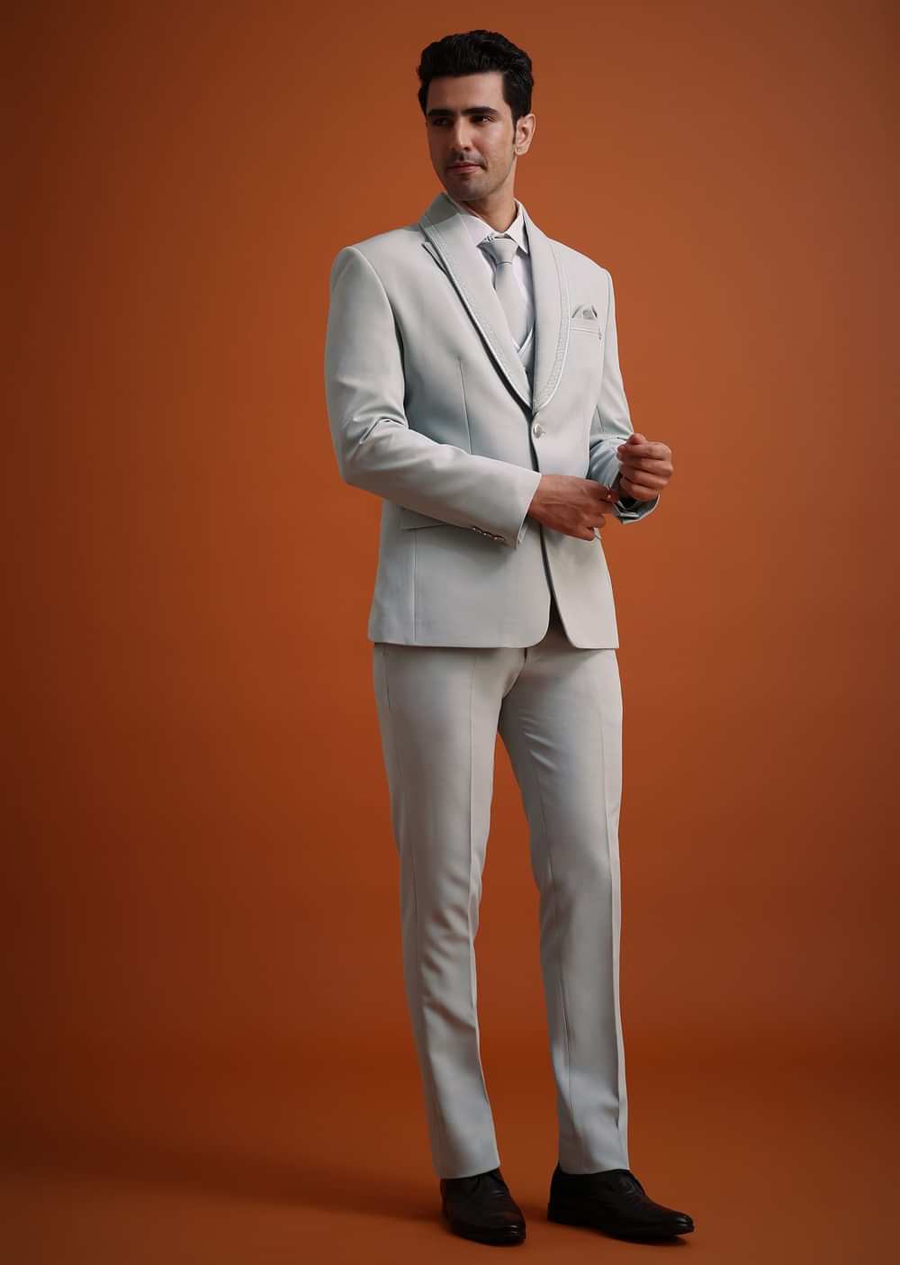 Sky Blue Cutdana Work Polyester Tuxedo And Pant Set