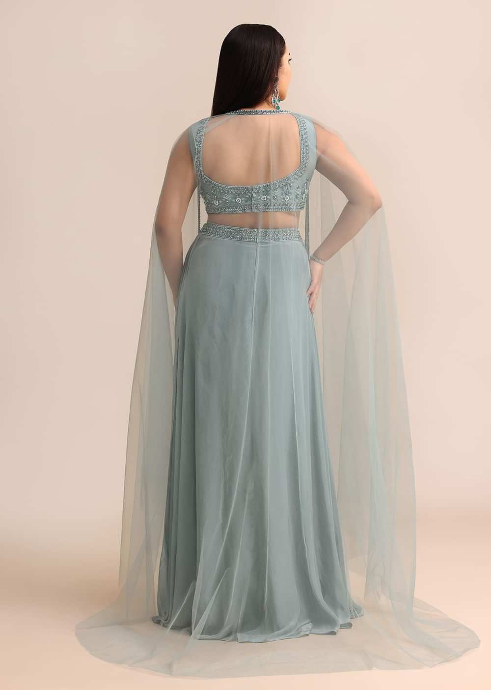 Sky Blue Draped Skirt With Cape