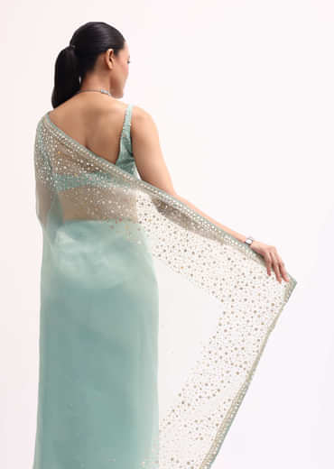 Sky Blue Embroidered Tissue Saree With Unstitched Blouse