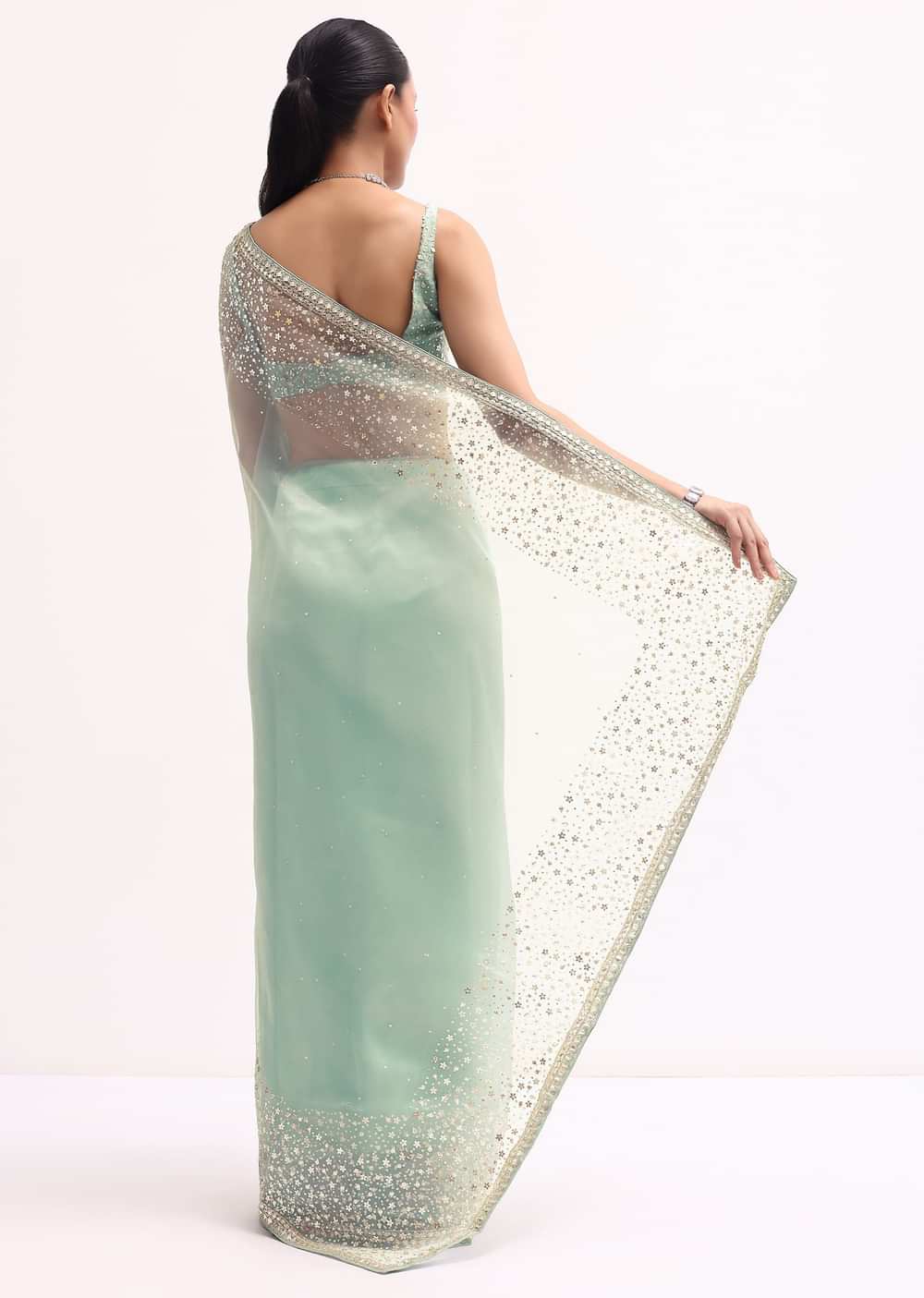 Sky Blue Embroidered Tissue Saree With Unstitched Blouse