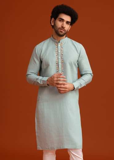 Sky Blue Floral Hand Embroidered Kurta And Pant Set