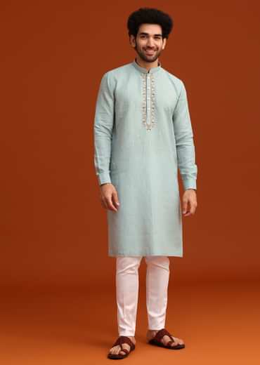 Sky Blue Floral Hand Embroidered Kurta And Pant Set