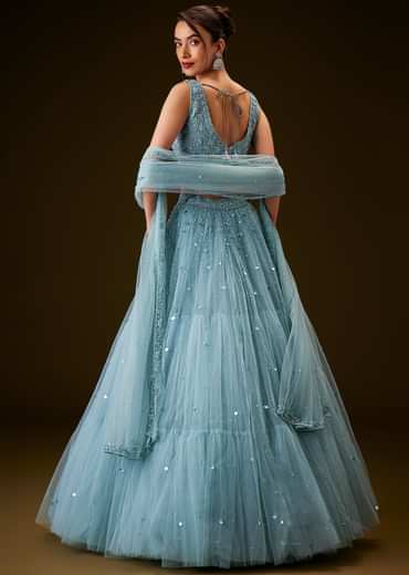 Sky Blue Hand Embroidered Net And Pearl Work Lehenga Set