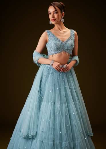 Sky Blue Hand Embroidered Net And Pearl Work Lehenga Set