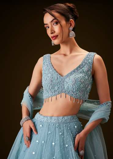 Sky Blue Hand Embroidered Net And Pearl Work Lehenga Set