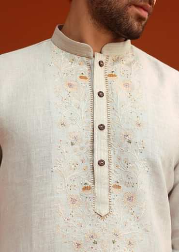 Sky Blue Kurta Set With Floral Thread Embroidery