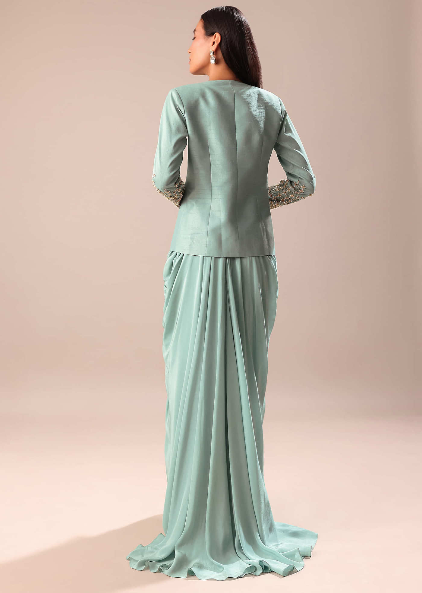 Sky Blue Draped Skirt With Embroidered Blouse And Jacket