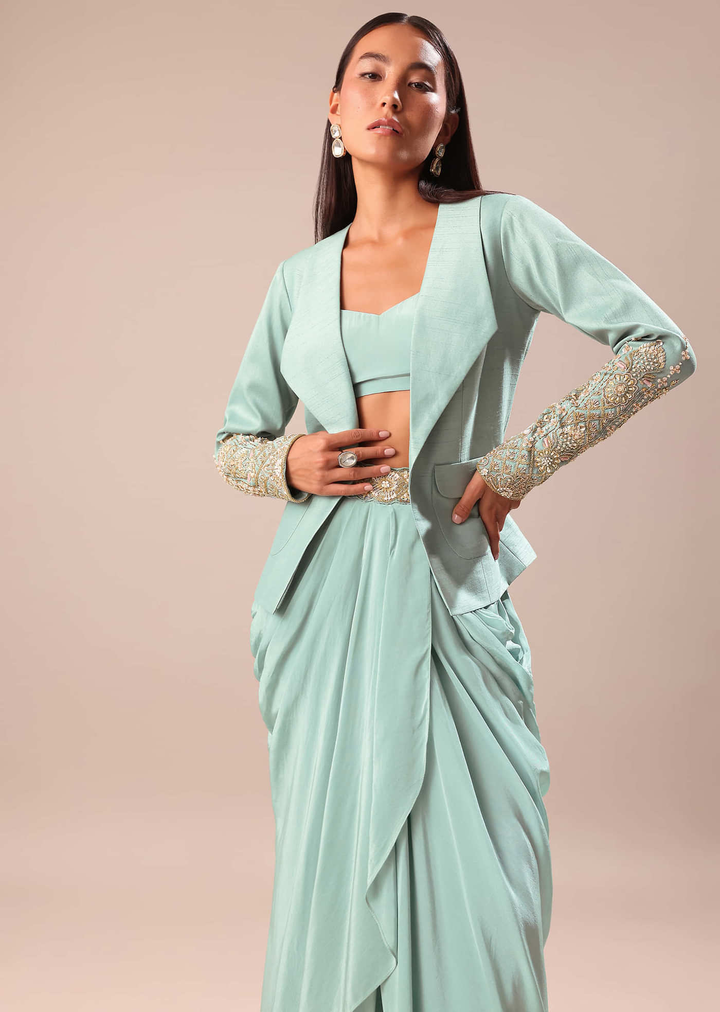 Sky Blue Draped Skirt With Embroidered Blouse And Jacket