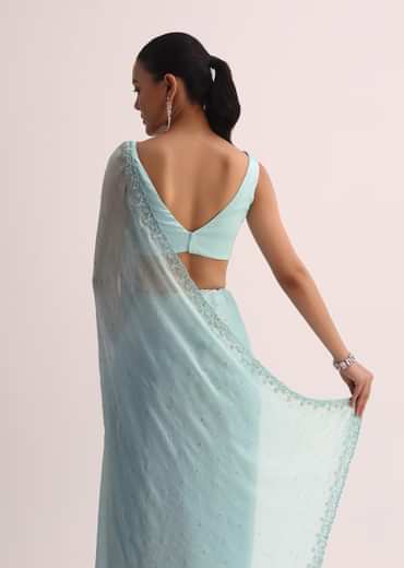 Sky Blue Saree With Cutdana Border And Unstitched Blouse