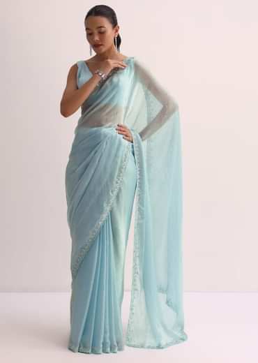 Sky Blue Saree With Cutdana Border And Unstitched Blouse