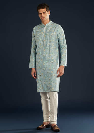 Sky Blue Silk Kurta Set with Floral Motifs
