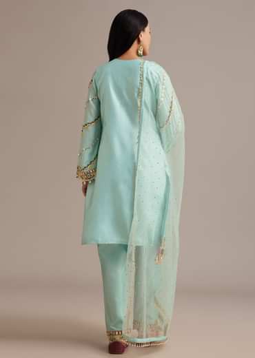 Sky Blue Silk Kurta Set With Mirror And Thread Work