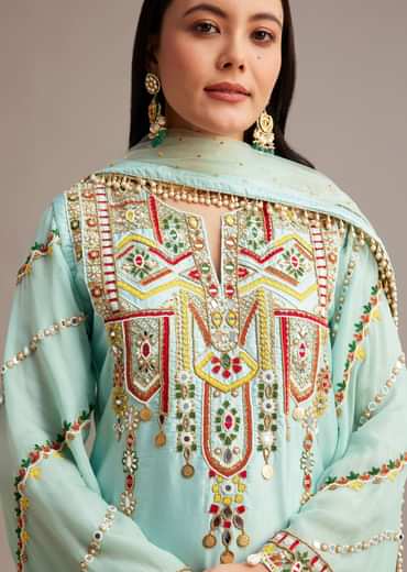 Sky Blue Silk Kurta Set With Mirror And Thread Work