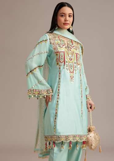 Sky Blue Silk Kurta Set With Mirror And Thread Work