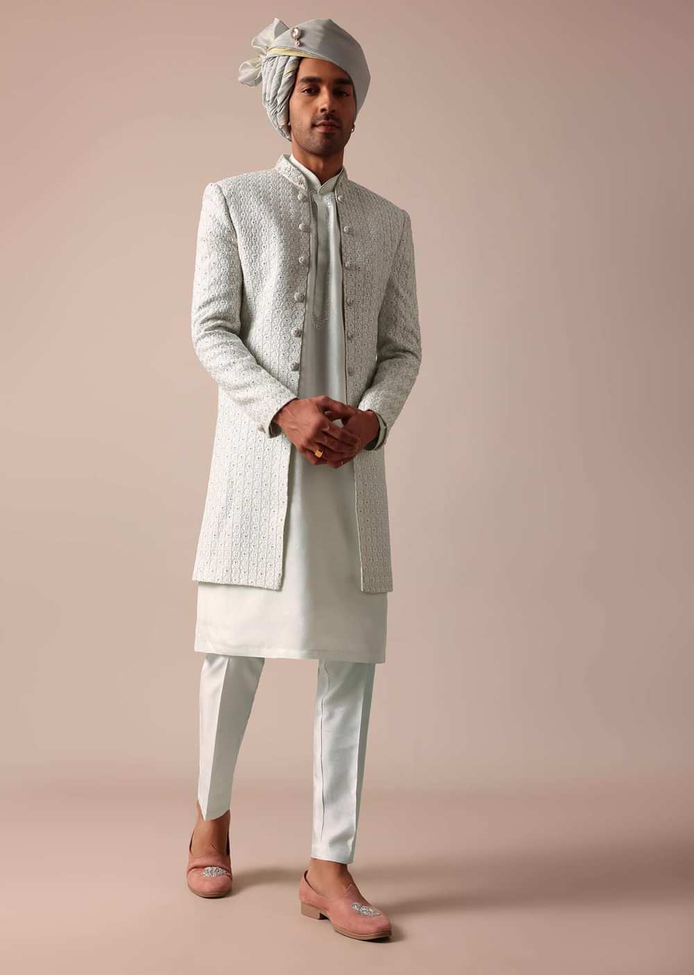 Sky Blue Silk Sherwani With Exquisite All-Over Embroidery