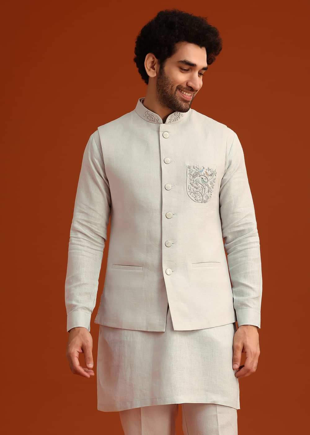 Sky Blue Zardosi Embroidered Jacket Kurta Set In Linen