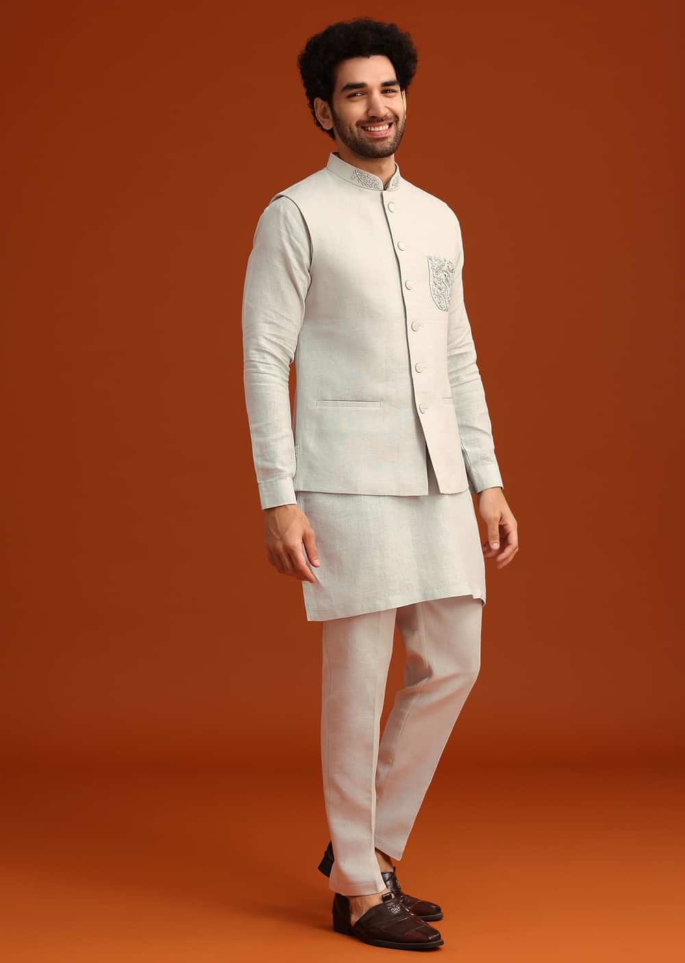 Sky Blue Zardosi Embroidered Jacket Kurta Set In Linen