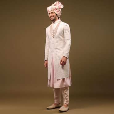 Beige White Silk Sherwani Set With Embroidery