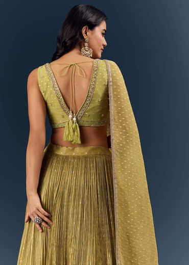 Solid Green Banarasi Silk Bridesmaid Lehenga With Intricate Hand Embroidery