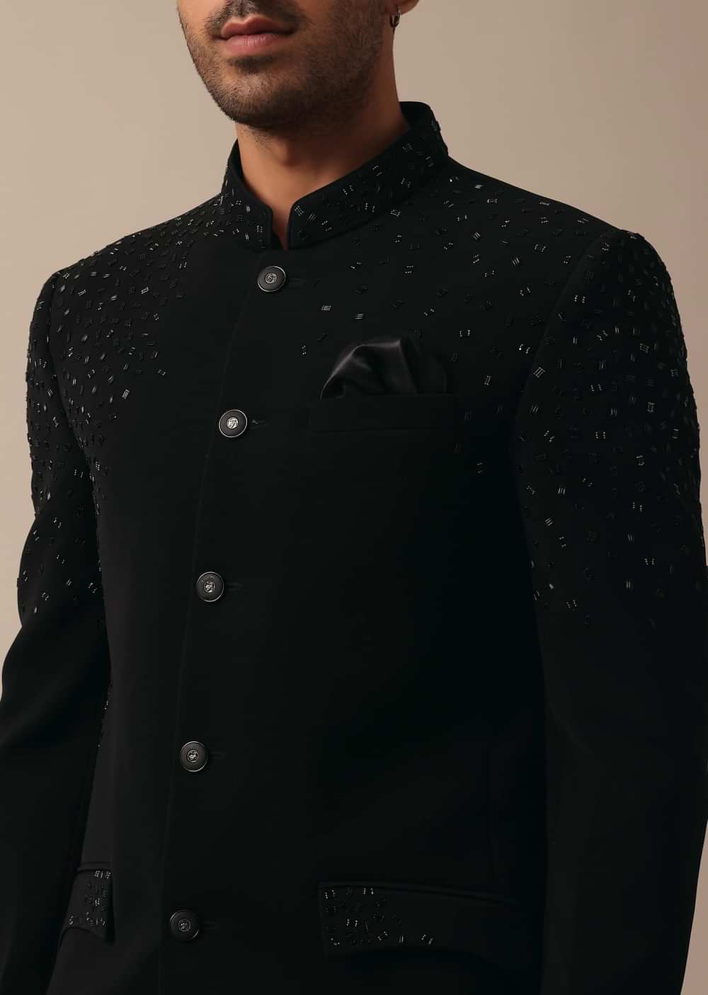 Sophisticated Black Textured Fabric Jodhpuri Suit