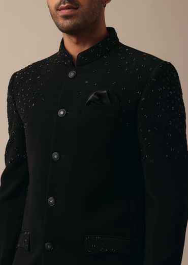 Sophisticated Black Textured Fabric Jodhpuri Suit