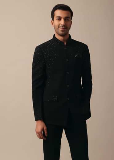 Sophisticated Black Textured Fabric Jodhpuri Suit