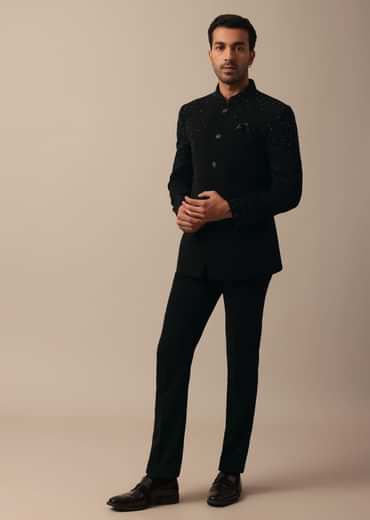 Sophisticated Black Textured Fabric Jodhpuri Suit