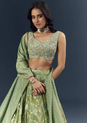 Spa Green Banarasi Silk Bridesmaid Lehenga With Heavy Hand Embroidery