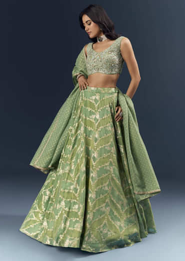 Spa Green Banarasi Silk Bridesmaid Lehenga With Heavy Hand Embroidery