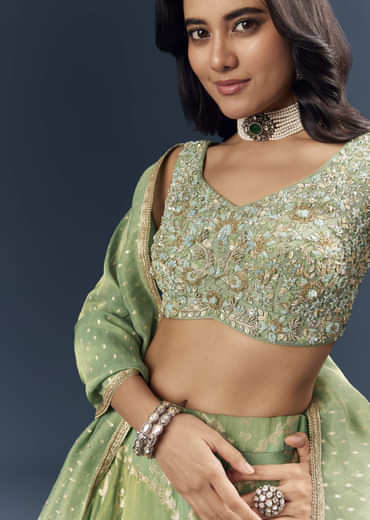 Spa Green Banarasi Silk Bridesmaid Lehenga With Heavy Hand Embroidery