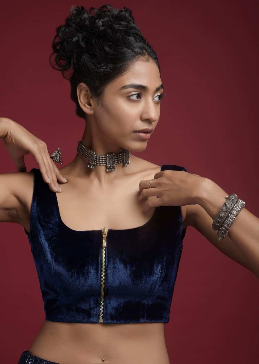 Space Blue Blouse In Velvet With Front Zip Opening