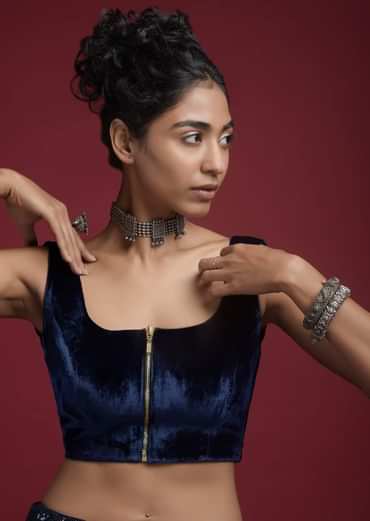 Space Blue Blouse In Velvet With Front Zip Opening