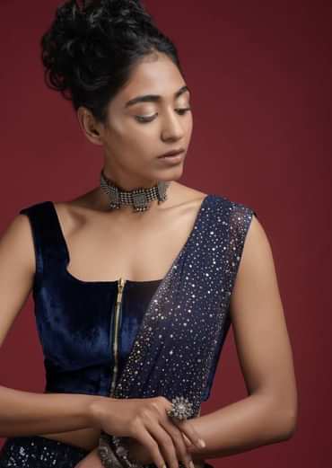 Space Blue Blouse In Velvet With Front Zip Opening