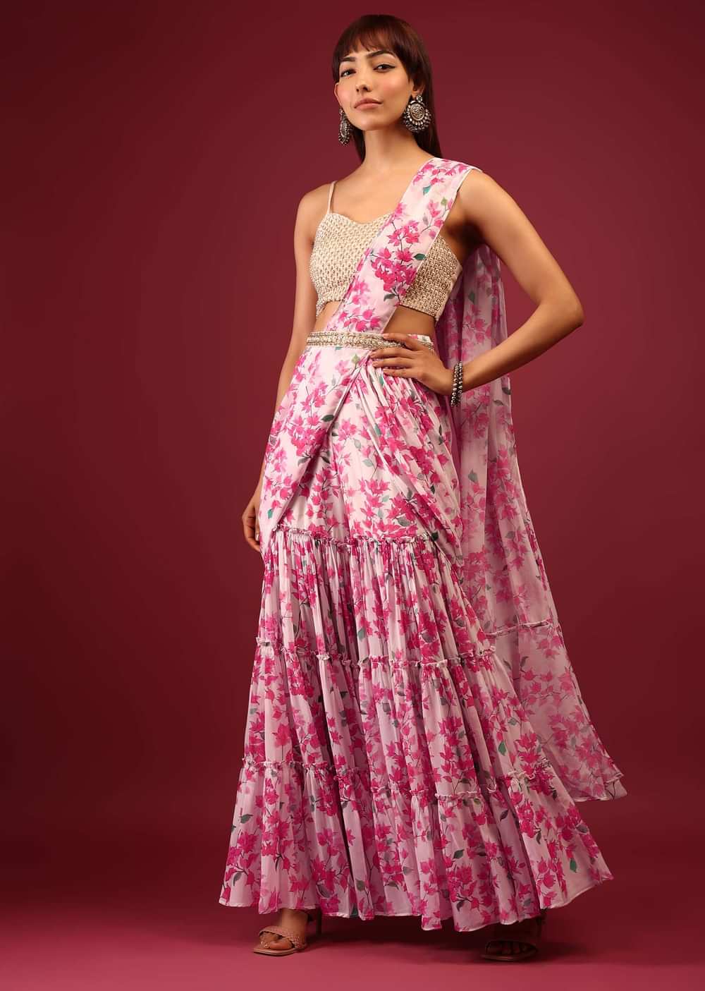 Daisy White Floral Print Sharara Saree With Attached Pallu And Embroidered Blouse