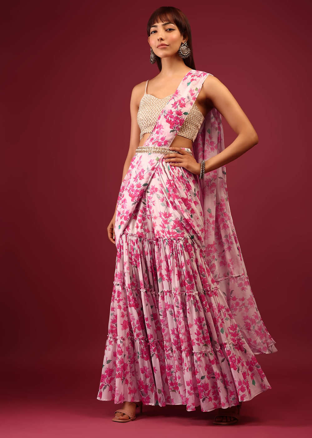 Daisy White Floral Print Sharara Saree With Attached Pallu And Embroidered Blouse