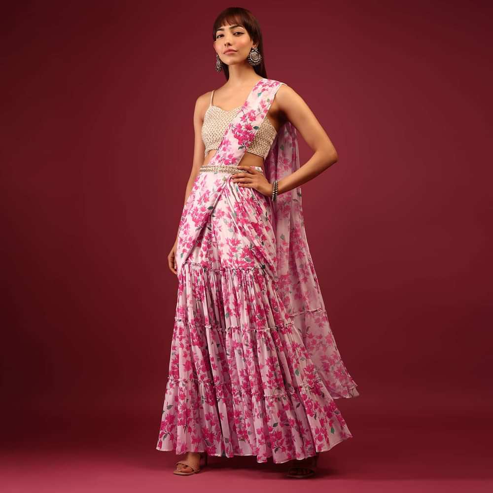 Daisy White Floral Print Sharara Saree With Attached Pallu And Embroidered Blouse