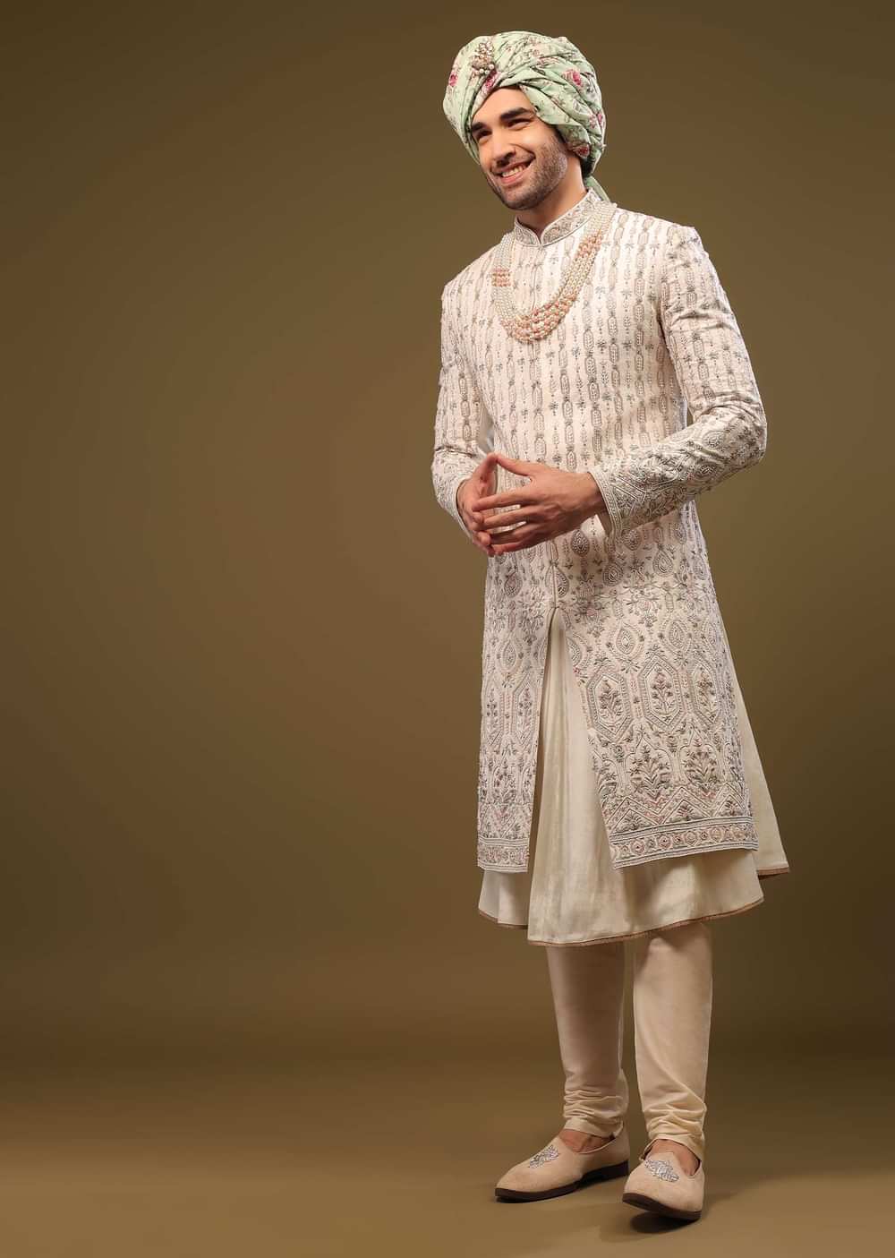 Beige White Thread Embroidered Silk Sherwani Set With Zari And Beads