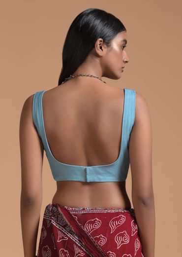 Steel Blue Sleeveless Blouse In Silk Blend With Scooped Neckline