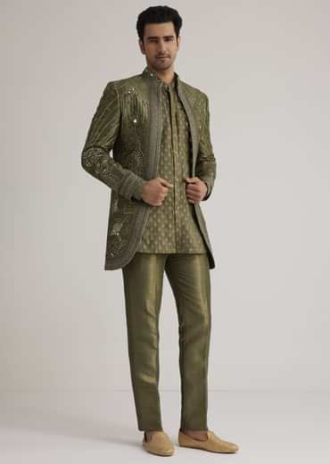 Olive Green Silk Indowestern Suit With Mirror Work