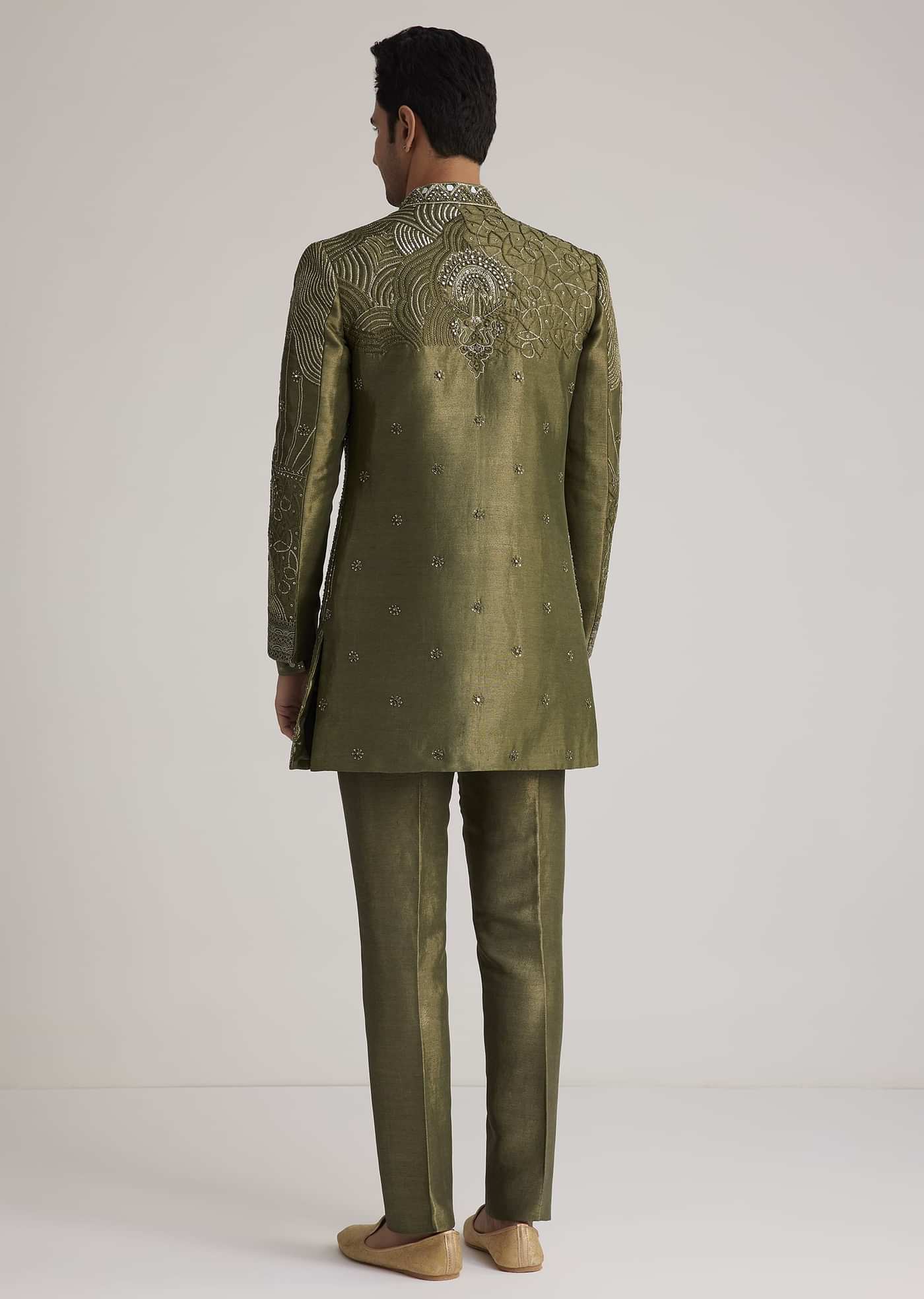 Olive Green Silk Indowestern Suit With Mirror Work