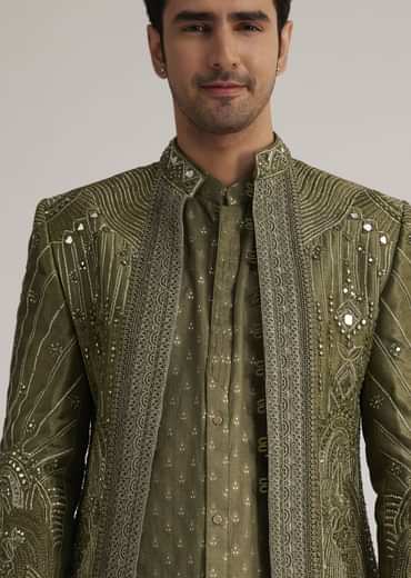 Olive Green Silk Indowestern Suit With Mirror Work