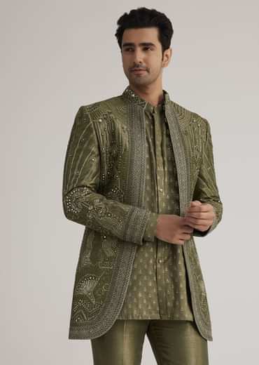 Olive Green Silk Indowestern Suit With Mirror Work