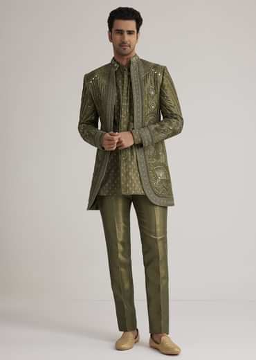 Olive Green Silk Indowestern Suit With Mirror Work